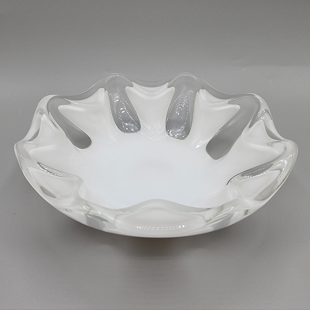 Vtg Mid-Century Biomorphic Glass Bowl Opalescent White Catchall Trinket Dish